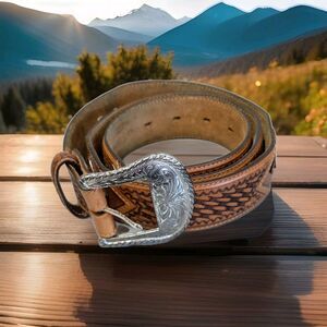 Vintage Tony Lama Size 38 Brown Western Cowboy Belt With Buckle & Silver Conchos